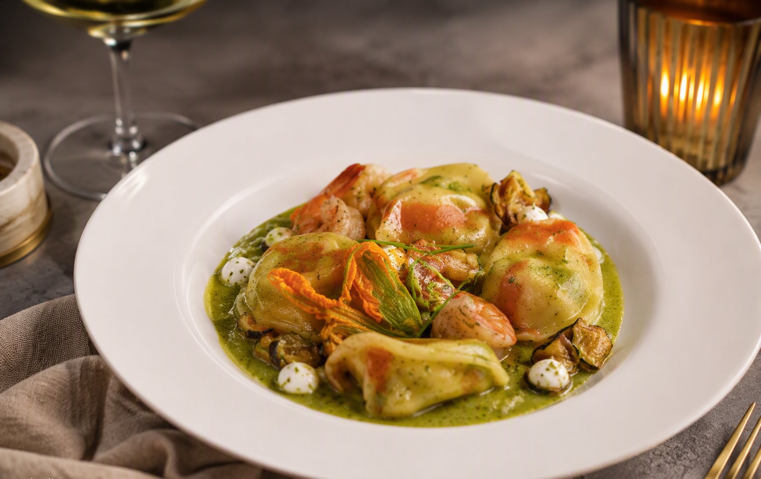 I tortelloni in crema verde con gamberi