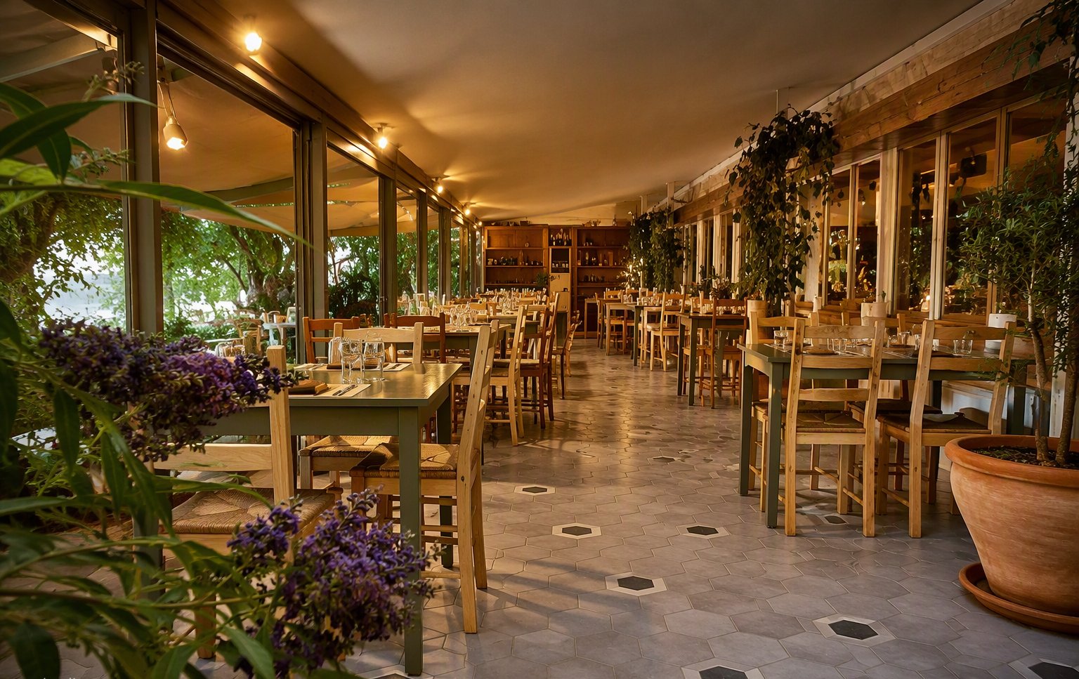 La sala in legno e pietra tra le piante